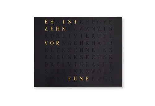 build-yours.de Wanduhr Wortuhr Jupiter - LED Digitaluhr in Schwarz, edles Design aus Edelstahl und Lindenholz, ideal zum Aufhängen oder Hinstellen