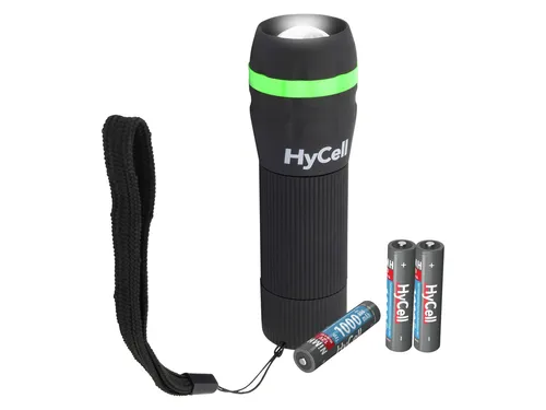 HYCELL LED-Taschenlampe Zoom, 1W, 55 lm - Vielseitige LED-Taschenlampe mit Zoom-Funktion und griffiger Oberfläche. Erleuchten Sie Ihre Umgebung bis zu 110 m bei 14 Stunden Leuchtdauer. Inklusive 3 Micro AAA Batterien.