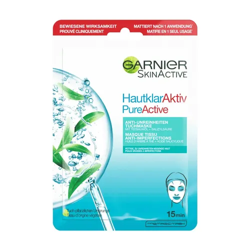 Garnier SkinActive Hautklar Aktiv Tuchmaske, 28 g - Tuchmaske für alle Hauttypen, speziell entwickelt zur Bekämpfung von Akne und Unreinheiten für ein klares, erfrischtes Hautbild.