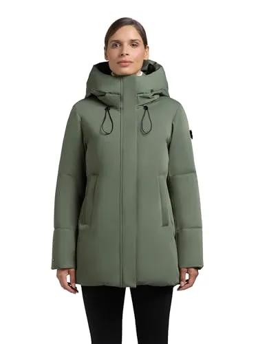 khujo Damen Kurzmantel warme Winterjacke mit Kapuzenblende und innenliegenden Rucksack-Trägern Allap Muted Green Gr. S