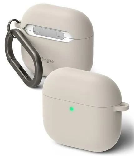 Ringke Silicone Kompatibel mit AirPods 4 Case Hülle, Weiche Beschichtung Flüssig Silikon Kratzfest Stoßfest Öl Fleckenfest SchutzHülle, mit Karabiner für AirPods 4. Generation - Stone