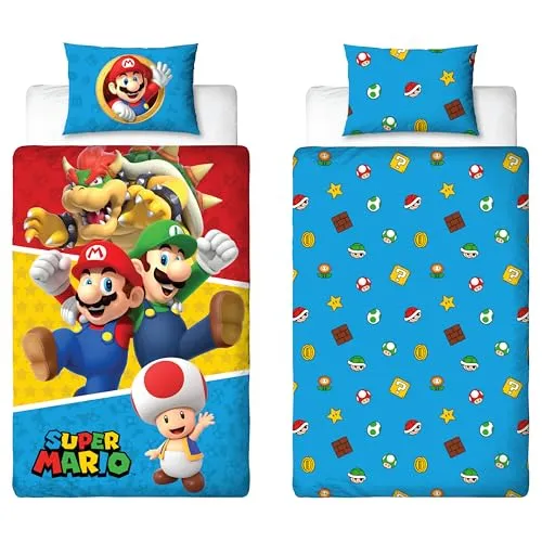 Nintendo Super Mario Offizielles Bettwäsche-Set für Einzelbett, Splitter-Design, wendbarer 2-seitiger Bettbezug, offizielles Merchandise-Produkt, inklusive passendem Kissenbezug, Einzelbett-Set,