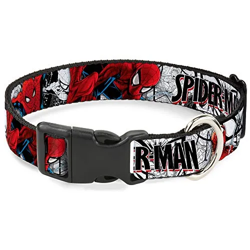 Buckle-Down Kunststoff-Halsband mit Clip, Spider-Man-Action-Posen/Comic-Szenen, Weiß/Schwarz/Rot