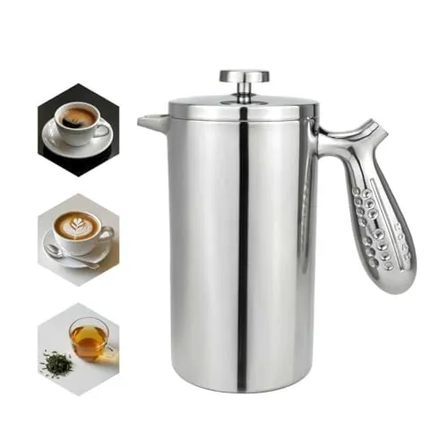 NOAH French Press Edelstahl 1L, doppelwandig Kaffeebereiter, Spülmaschinenfest + 2 Extra Filter, Thermo Kaffeekanne 5 Tassen