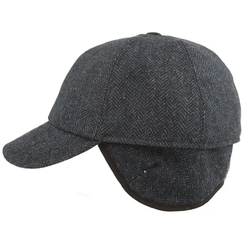 Breiter Herren Winter Baseball-Cap Schirmmütze Baseball-Kappe mit ausklappbarem Ohrenschutz – aus Wolle im Fischgrat Design & Steppfutter - Blau - 62
