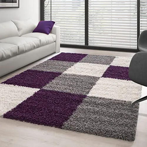 Carpettex Hochflor Teppich - Wohnzimmer Shaggy Flokati Modern Kariert Design 160 x 230 cm Violett - Schlafzimmer Weich Flauschig Waschbar - Küche Esszimmer Langflor