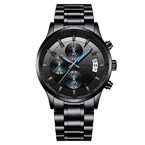 CRRJU Herren Uhr wasserdichte Chronographen Armbanduhr Männer Edelstahlarmband Business Analog Quarzuhr mit Kalender (Schwarz Blau)