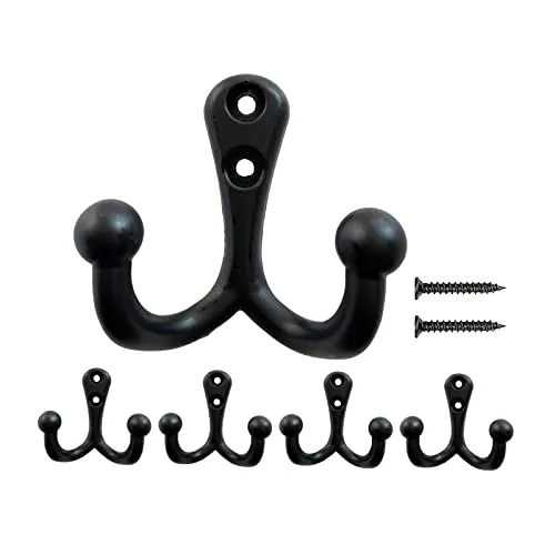 Mokife 5 Stück Wandhaken Schwarz, Doppelt Haken Schwerlast Retro Kleiderhaken Metallhaken für Mantel, Jacke, Hut, Schlüssel, Tasche, Robe, Handtuch