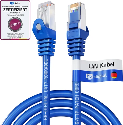 hb-digital Netzwerkkabel CAT 7 RJ45 S/FTP PiMF LSZH AWG 26 halogenfrei 0.5m blau
