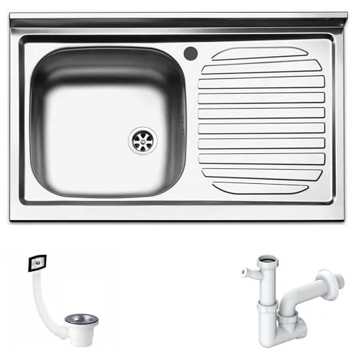 Spülbecken aus Edelstahl mit 1 Becken 80 cm Abtropffläche links