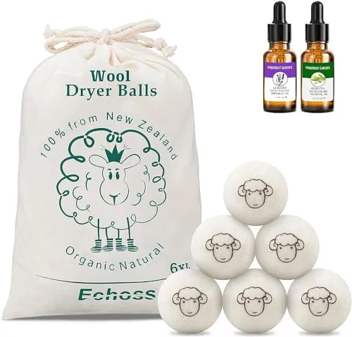 Trocknerbälle für Wäschetrockner, Natürliche Weichspülern aus 100% neuseeländischer Premium Schafwolle Reduzieren Trocknungszyklus und Falten Reduzieren,6er Pack mit 2 ätherischen Ölen