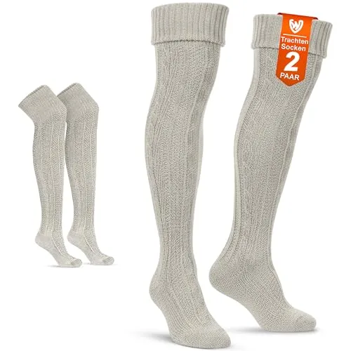 German Wear Trachtenstrümpfe Traditionelle Lange Overknee-Socken 70 cm – Trachtenstrümpfe in Natur in 1er,2er, 3er, 6er & 12er Pack - Größe 44-46