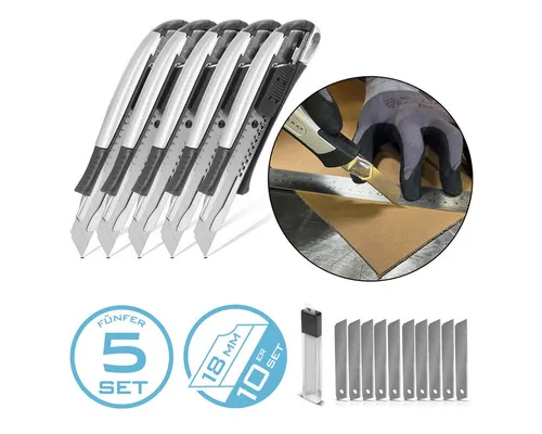 STAHLWERK Premium-Cuttermesser PCM-181 ST 5er Set - Cuttermesser für präzises Schneiden von Packmaterialien, mit bruchfesten 18 mm Abbrechklingen und ergonomischem Griff für einfaches Handling.