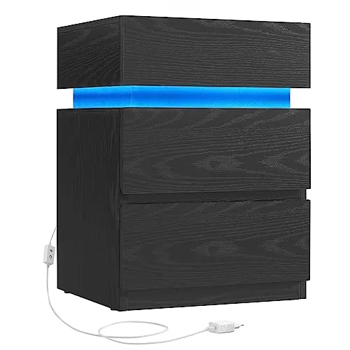 VASAGLE Nachttisch mit LED-Beleuchtung, Schwarz mit Holzmaserung, 3 Schubladen, modern