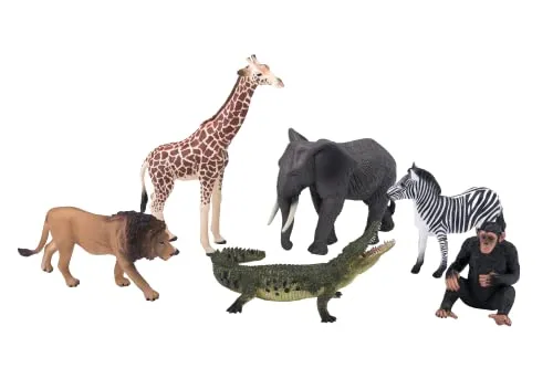 Mojo Wildlife Wild Animal Safari Playset 6pcs - 380026 - Figuren Set mit 6 Wildtieren: Löwe, Giraffe, Elefant, Krokodil, Zebra und Schimpanse - ideal für kreative Rollenspiele und Abenteuer.