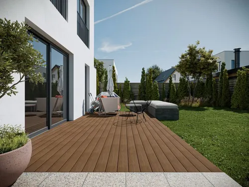 Terrassendiele WPC co-extrudiert teak Hohlkammerprofil - Hochwertige WPC-Terrassendiele mit Hohlkammerprofil für einfache Clipmontage. Ideal für eine langlebige und pflegeleichte Terrasse. Maße: 14 x 400 cm, Farbe: Grau.
