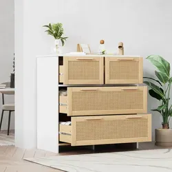 Kommode Aus Mdf In Natur Und Weiß Mit 4 Schubladen In Rattanoptik, 80 X 38 X 80 Cm