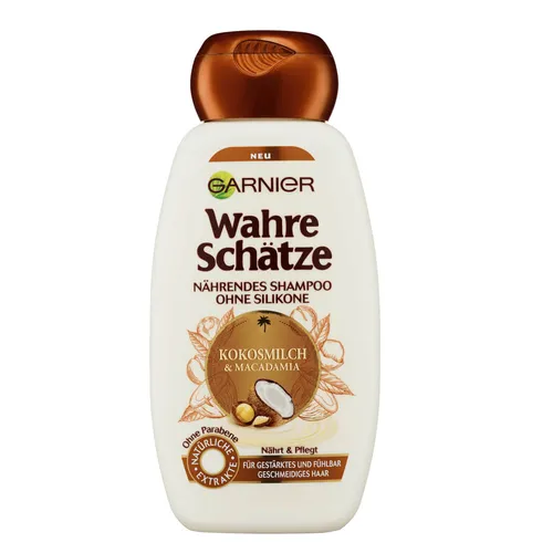 Garnier Wahre Schätze Nährendes Shampoo Kokosmilch & Macadamia 250ml - Shampoo für alle Haartypen, nährt intensiv mit Kokosmilch und Macadamia, ohne Parabene, ideal für gesundes und glänzendes Haar.