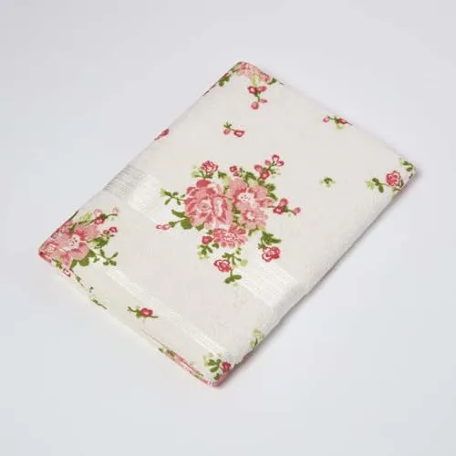 Homescapes 100% Baumwolle Frottee Handtuch Duschtuch Creme mit Vintage Blumen Print und gestickter Bordüre