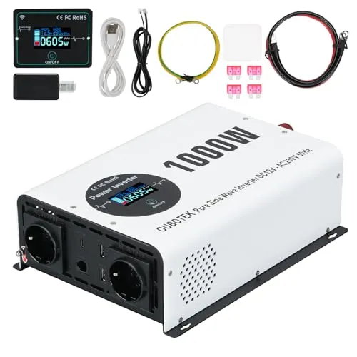 OUBOTEK Wechselrichter 1000W / 2000W Reiner Sinus DC 12V auf AC 230V mit Drahtloser Fernbedienung LCD-Anzeige 2 AC-Steckdosen 2 USB A und 1 Type C, spannungswandler für Wohnmobil Zuhause Off Grid