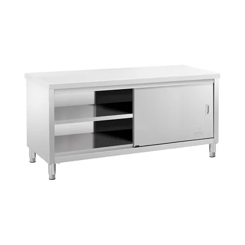 Royal Catering Arbeitstisch 180 x 60 cm - Edelstahltisch mit Schiebetüren - Arbeitstisch Edelstahl 180 x 60 cm - Hohe Tragkraft von bis zu 600 kg, ideal für professionelle Küchen, platzsparend mit zwei Schiebetüren und hygienisch, langlebig und pflegeleicht.