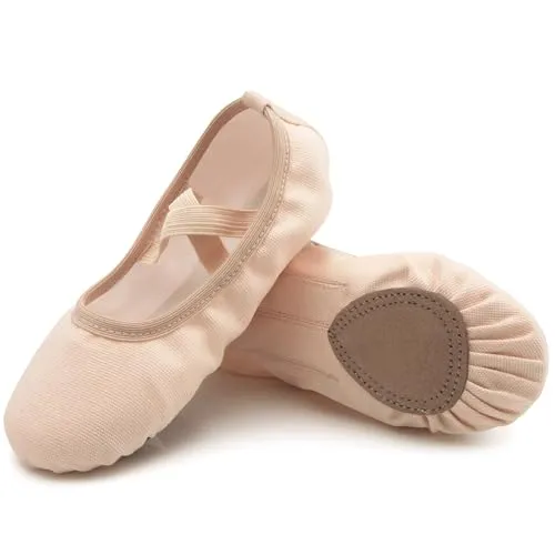 Nzcm Flache Ballett Schläppchen Mädchen Canvas Tanzschuhe Kinder Ballettschuhe Weich Verstellbar Ballerinas Gymnastik, 35 EU, Beige