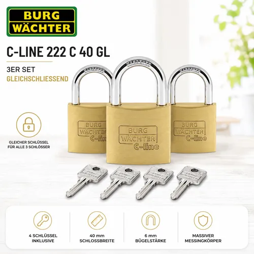 Burg-Wächter Messing-Hangschloss-Set 222/40/SB/trio Gl Burg - Hochwertiges Messing-Hangschloss-Set für zuverlässigen Schutz, ideal für Garagen, Schuppen und Keller.