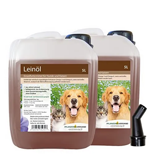 Leinöl für Hunde und Katzen, kaltgepresst 100% rein, ohne Zusätze, 2x5L + Ausgießer