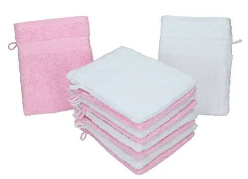 Betz Waschhandschuhe Palermo 10 Stück 16x21 cm – 100% Baumwolle 360g/m² – Weiche Frottee Waschlappen – Pflegeleicht & saugstark – Farbe Weiß/Rosé