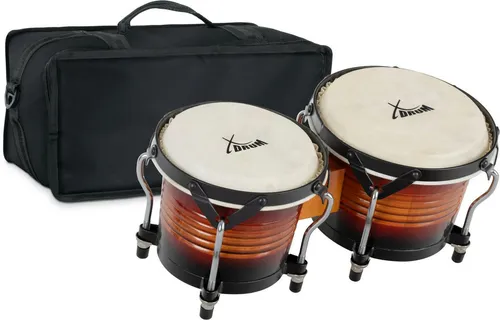XDrum Bongos Pro Vintage Sunburst Set - Percussion Set mit Naturfellen und professionellem Stimmsystem, inklusive gepolsterter Bongotasche für optimalen Schutz und Mobilität.