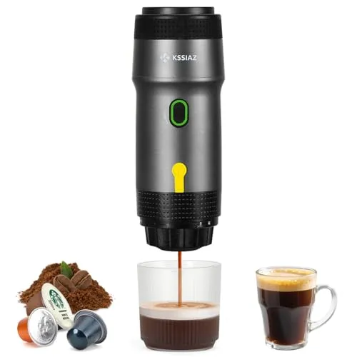 Kssiaz Tragbare Espressomaschine, Elektrische Espressomaschine mit Selbsterhitzung, USB & Autoladegerät, Mini-Kaffeemaschine mit NS-Kapsel & Gemahlenem Kaffee für Camping, Wandern, Reisen, Schwarz