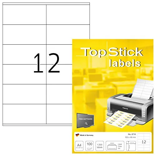 TopStick 8715 Universal Etiketten, 100 Blatt, 105 x 48 mm, 12 pro A4 Bogen, 1200 Stück, selbstklebend, bedruckbar, matt, blanko Papier Klebeetiketten Aufkleber, weiß