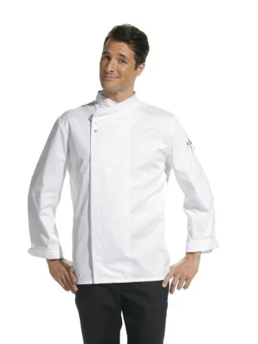 Kochjacke Weiß Größe 62 - Berufsbekleidung Gastronomie mit Kontraststeppung, Druckknöpfen und atmungsaktiver Materialmischung für optimalen Tragekomfort während der Arbeit.
