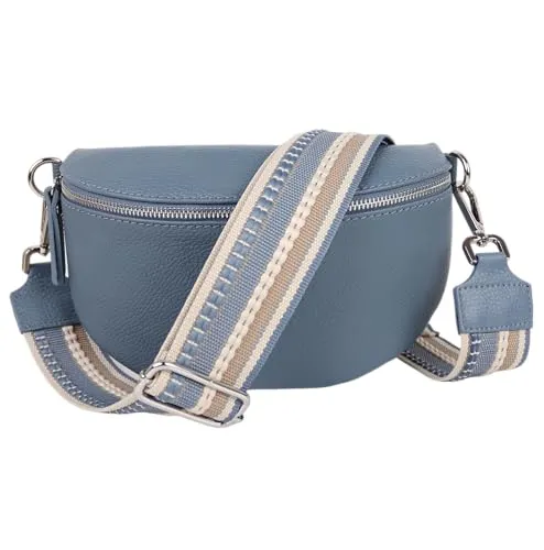 MIRROSI® Bauchtasche Damen, Echtleder, Made in Italy, Umhängetasche, Brusttasche, Crossbody Bag (1 Tasche & 2 Gurte) (Jeansblau (Streifen Jeansblau), Mittelgroße Tasche (25x16x7cm))