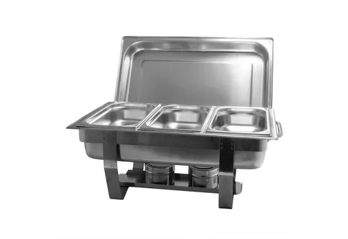 AcMax Chafing Dish Edelstahl Warmhaltebehälter 11 tlg. Set - Professioneller Chafing Dish aus hochwertigem Edelstahl für Buffet und Veranstaltungen. Inklusive Deckel und Brennpaste für gleichmäßige Wärmeverteilung. Ideal zum stilvollen Warmhalten von Speisen.
