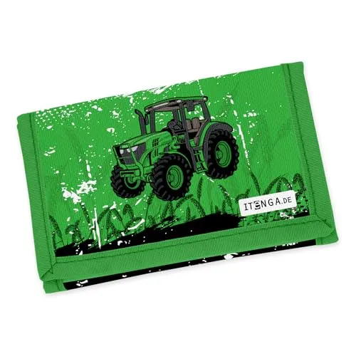 itenga Kinder Geldbörse - Geldbeutel und Brustbeutel - mit Klettverschluss, Kordelband, Geldscheinfach und Münzfach Sichtfenster für Mädchen und Jungen (Motiv Traktor)