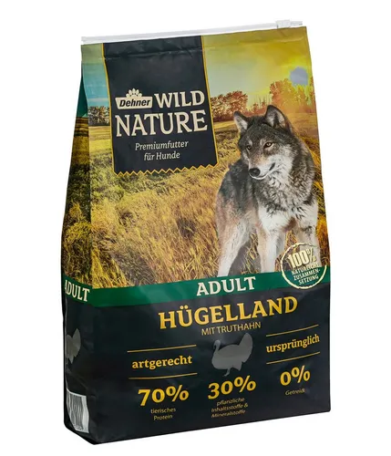 Dehner Wild Nature Hundefutter Hügelland - Trockenfutter für ausgewachsene Hunde - Getreidefreies Hundefutter mit hohem Fleischanteil, ideal für gesunde Muskeln und Kiefergesundheit. Unterstützt die Verdauung mit präbiotischen Kohlenhydraten.
