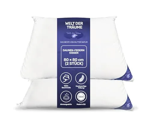 Welt der Träume 2X Daunenkissen 80x80 cm – Luxuriöser Schlafkomfort - Hochwertige Kopfkissen 80x80 cm, gefüllt mit 60 % Daunen und 40 % Federn für besten Liegekomfort. Der Bezug aus 100 % Baumwolle sorgt für ein angenehmes Gefühl. Pflegeleicht und antiallergisch – für erholsame Nächte!