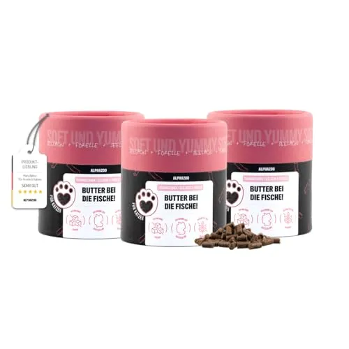 alphazoo Butter bei die Fische 3 x 65g - Weiche Katzensnacks mit Lachs & Forelle - Weiche Katzensnacks mit 43,5 % Lachs und 43 % Forelle für natürlichen Genuss. Getreidefrei und ohne künstliche Zusätze, ideal für empfindliche Katzen. Perfekt für Training und Spielmomente.