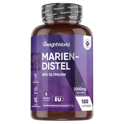 WeightWorld Mariendistel Kapseln 2000mg - 180 Stück - Pflanzliches Ergänzungsmittel Mariendistel mit 80% Silymarin Extrakt, vegan und ohne Magnesiumstearat, ideal für 6 Monate tägliche Einnahme.