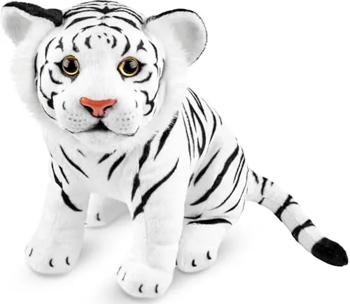 BRUBAKER Tiger Kuscheltier - 30 cm Stofftier - Baby Plüschtier Raubkatze Sitzend - Kinder Plüsch Spielzeug - Weiß