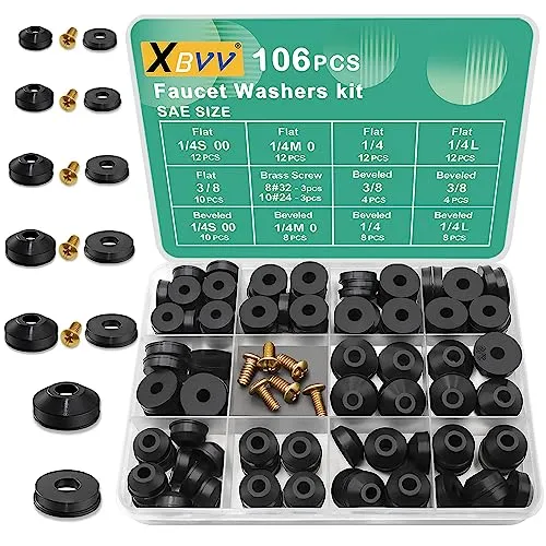 XBVV 106 PCS Wasserhahn Unterlegscheibe Sortiment Kit mit verschiedenen flachen und abgeschrägten Gummi-Unterlegscheiben für Outdoor-Garten Wasserhahn Stiel Leck verschlissenen Reparatur