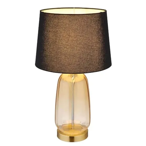 Stilvolle Tischlampe mit amber Glassockel - Tischleuchten: Elegante Tischlampe mit bauchigem amber Glassockel und schwarzem Textilschirm für eine gemütliche Atmosphäre. Ideal für Wohnzimmer und Schlafzimmer, individuelle Lichtgestaltung mit E27 Fassung.