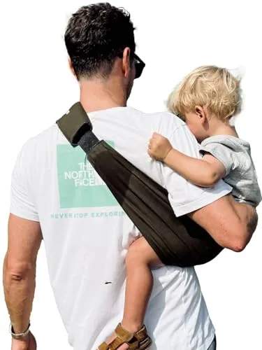 Wildride Kindertrage Basic Kollektion (Hüfttrage in Army Green) - Ergonomische Kindertrage für Waldspaziergänge, ideal für Abenteuer mit Kindern von 9 Monaten bis 4 Jahren. Aus 100% Baumwolle, mit goldenen Logodetails und praktischem Nylon-Gürtel.