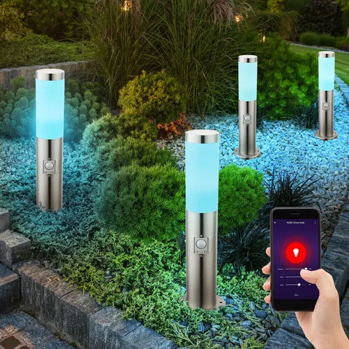 Sockelleuchte E27 Stehlampe Smart Home mit Bewegungsmelder - Elegante Gartenlampe mit IP44 Schutzart, dimmbar, App- und Sprachsteuerung, 4er Set mit RGB LED für individuelle Lichtgestaltung und integriertem Bewegungsmelder.