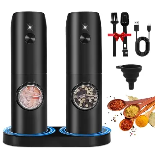 UCAMP Elektrische Salz und Pfeffermühle Set mit Wiederaufladbarer Basis,Einstellbarer Grobheit Gewürzmühle,Pfeffermühle Elektrisch Automatisches Mahlen,mit Reinigungsbürste und Löffel
