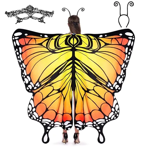 Spooktacular Creations Schmetterlingsflügel-Umhang-Schal mit Spitzenmaske und Antennen-Stirnband aus schwarzem Samt für Erwachsene und Frauen, Halloween-Kostüm-Zubehör (gelb)
