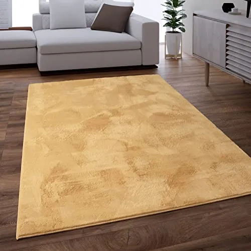Paco Home Teppich Wohnzimmer Schlafzimmer Kunstfell Shaggy Hochflor Flauschig Soft Einfarbig Gelb, Grösse:80x150 cm