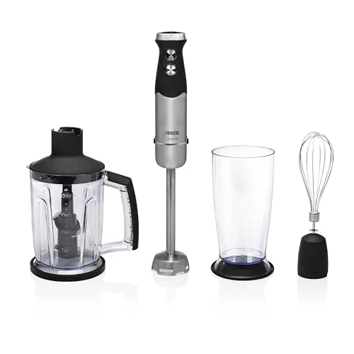 Princess 221221 STAAFMIXERSET XL RVS, schwarz - Stabmixer-Set mit extrem leistungsstarkem 25 cm Edelstahlstab für hohe Töpfe, inklusive Messbecher und Zerkleinerer – ideal für Smoothies und Saucen, leicht zu reinigen dank spülmaschinenfester Teile.