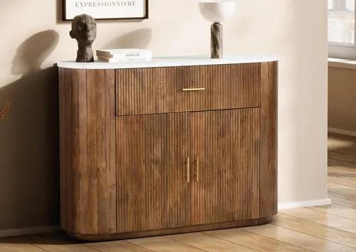 Sideboard 125x87cm Kommode Mango braun lackiert & Marmor weiss NEU OVP!!!